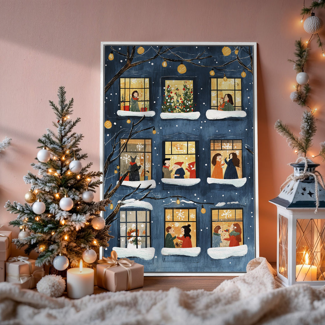 Framed Wall Art featuring a charming winter scene in a whimsical illustration style. Blue and gold color palette, perfect for holiday decor.