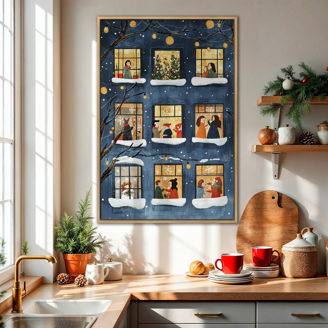 Framed Wall Art: Whimsical winter scene in blue, gold, and white. Charming illustration of people in windows, perfect for holiday decor. Add warmth to your home!