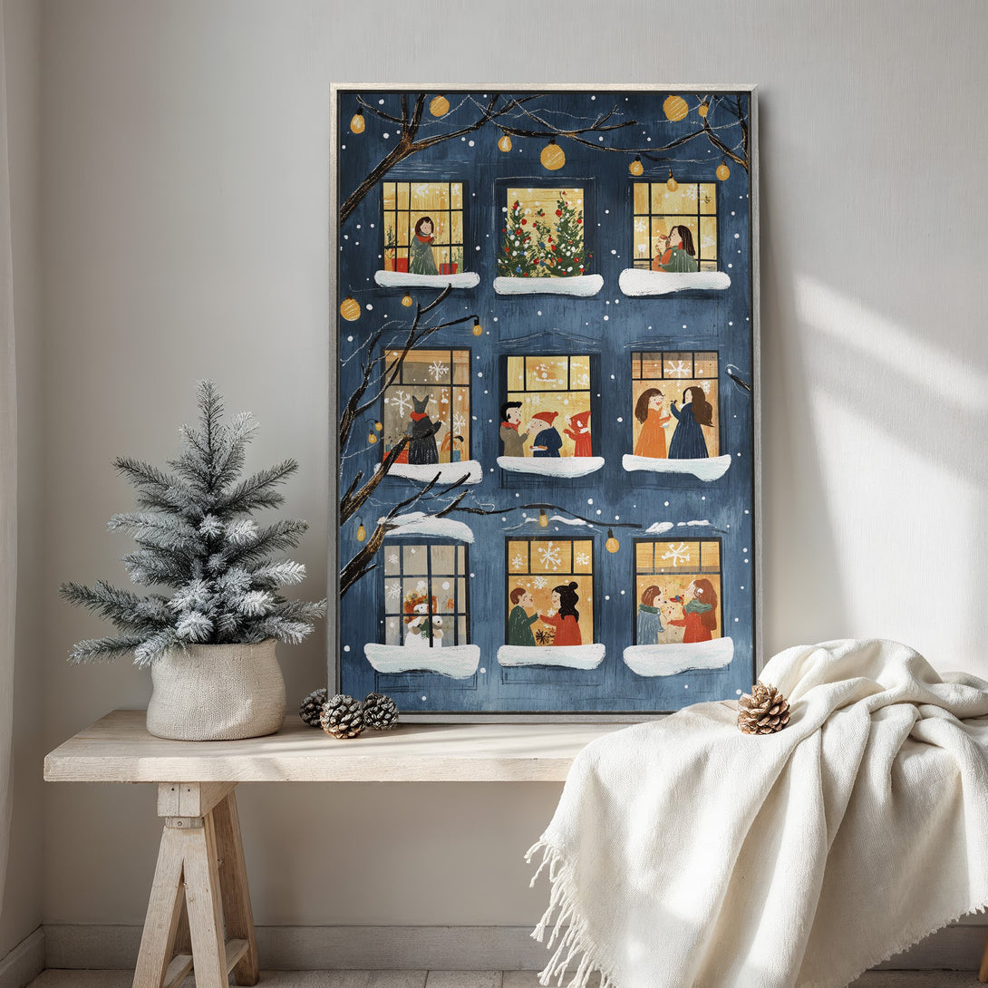 Framed Wall Art: Whimsical holiday scene with people in windows, painted in a cozy, illustrative style. Blue and warm yellow color palette, perfect for winter decor.
