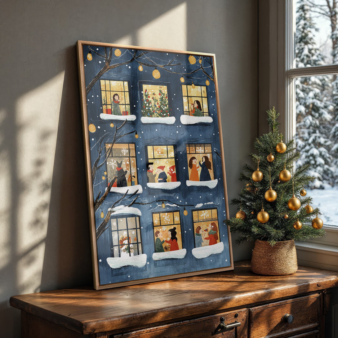 Framed Wall Art: Cozy winter scene canvas print with a blue and gold color palette. Charming illustration of people in windows, perfect for holiday decor.