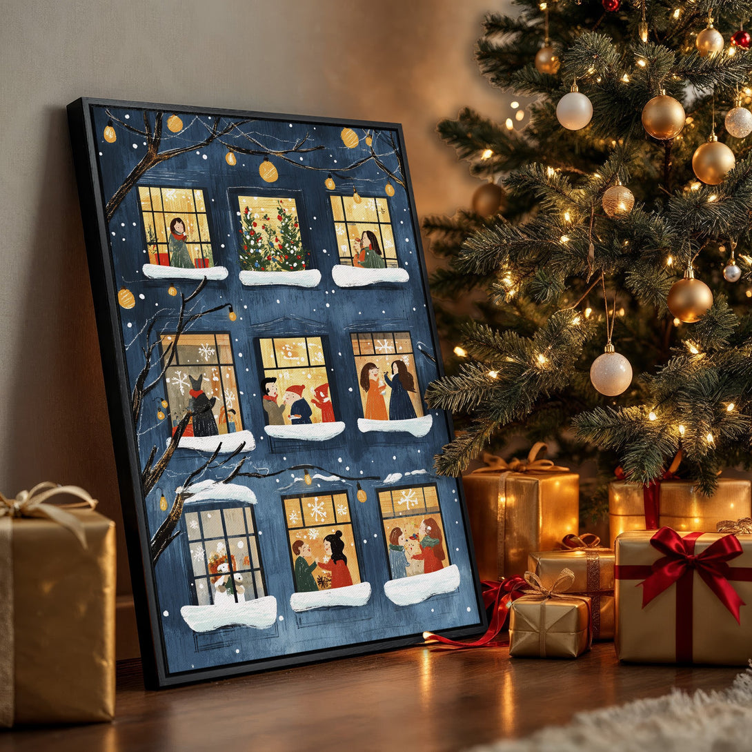 Framed Wall Art: Cozy Christmas scene with a blue house, people in windows, and warm gold tones. Perfect holiday decor!