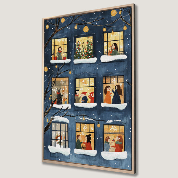 Framed Wall Art: Cozy winter scene Canvas Print with warm tones, featuring people in windows, snow, & festive lights. Perfect for holiday decor!