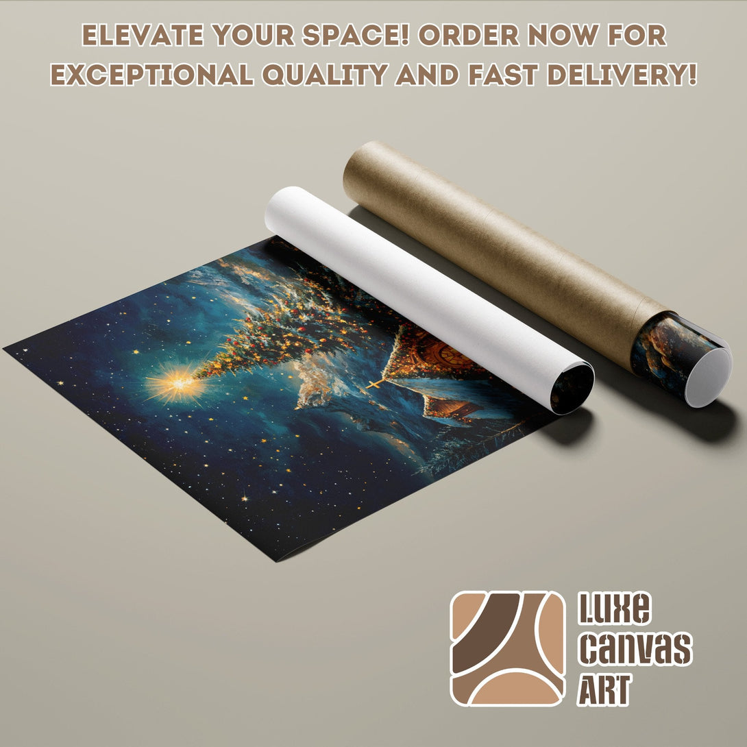 Poster Roll featuring a celestial Christmas tree art print in blue and gold tones. Elevate your space!