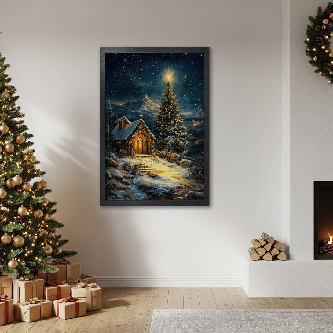 Framed Poster featuring a winter Christmas scene with a cozy cabin, starry night, and warm color palette. Perfect holiday decor!