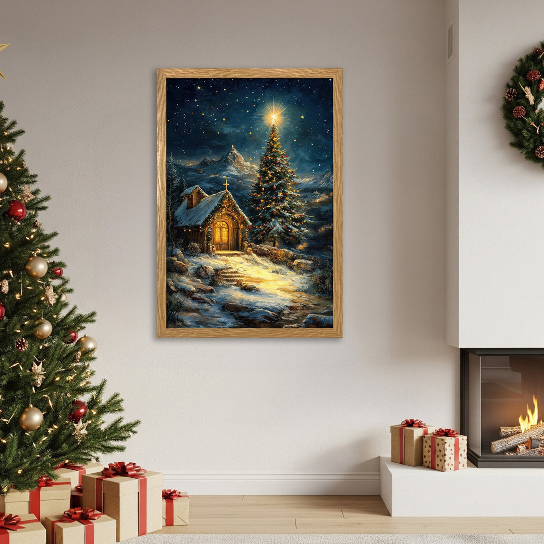 Framed Poster of a winter Christmas scene with a cabin and tree, in a warm, inviting color palette. Perfect holiday decor!