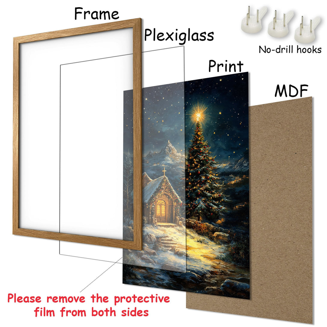 Framed Poster featuring a winter landscape with a Christmas tree, in a warm, inviting color palette. Perfect holiday decor!