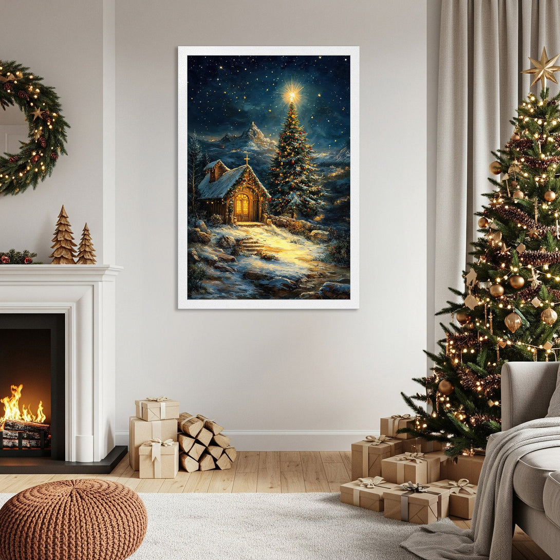 Framed Poster of a winter Christmas scene with a cabin and tree, in a warm, inviting color palette. Perfect holiday decor!
