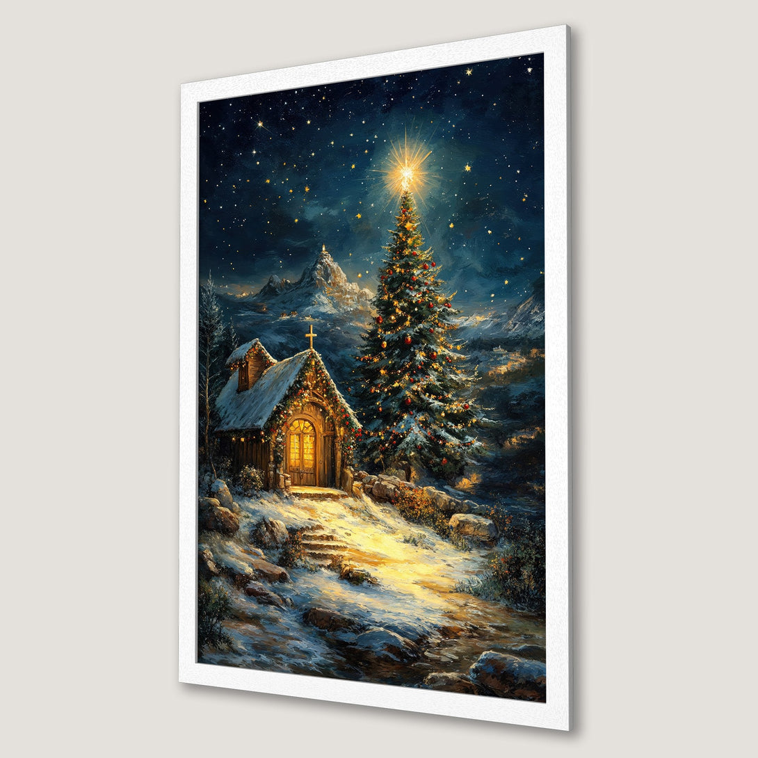 Framed Poster: Christmas scene with cabin, tree, and stars. Painting style with blue, gold, and white color palette. Perfect holiday decor.