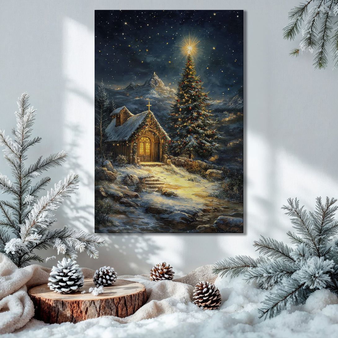 Framed Wall Art: Winter scene canvas print with a church in a snowy landscape, rich blues, golds, and greens. Perfect Christmas decor!