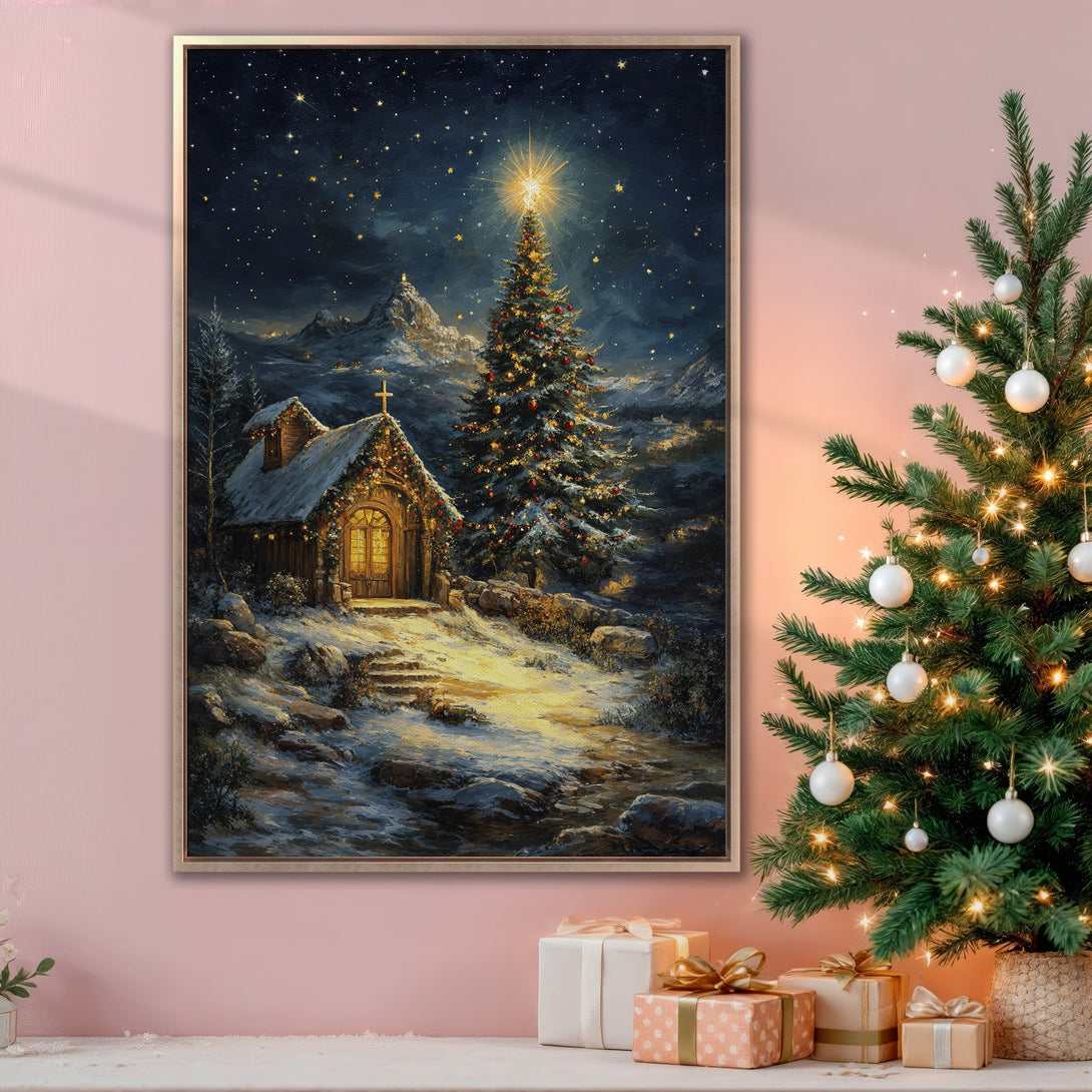 Framed Wall Art: Winter landscape Canvas Print with a cozy cabin, Christmas tree, and starry night sky. Warm color palette, perfect for holiday decor.