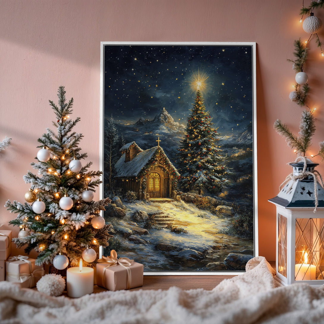 Framed Wall Art: Winter landscape Canvas Print with a cozy Christmas scene, featuring a church, snowy mountains, and a warm, inviting color palette.
