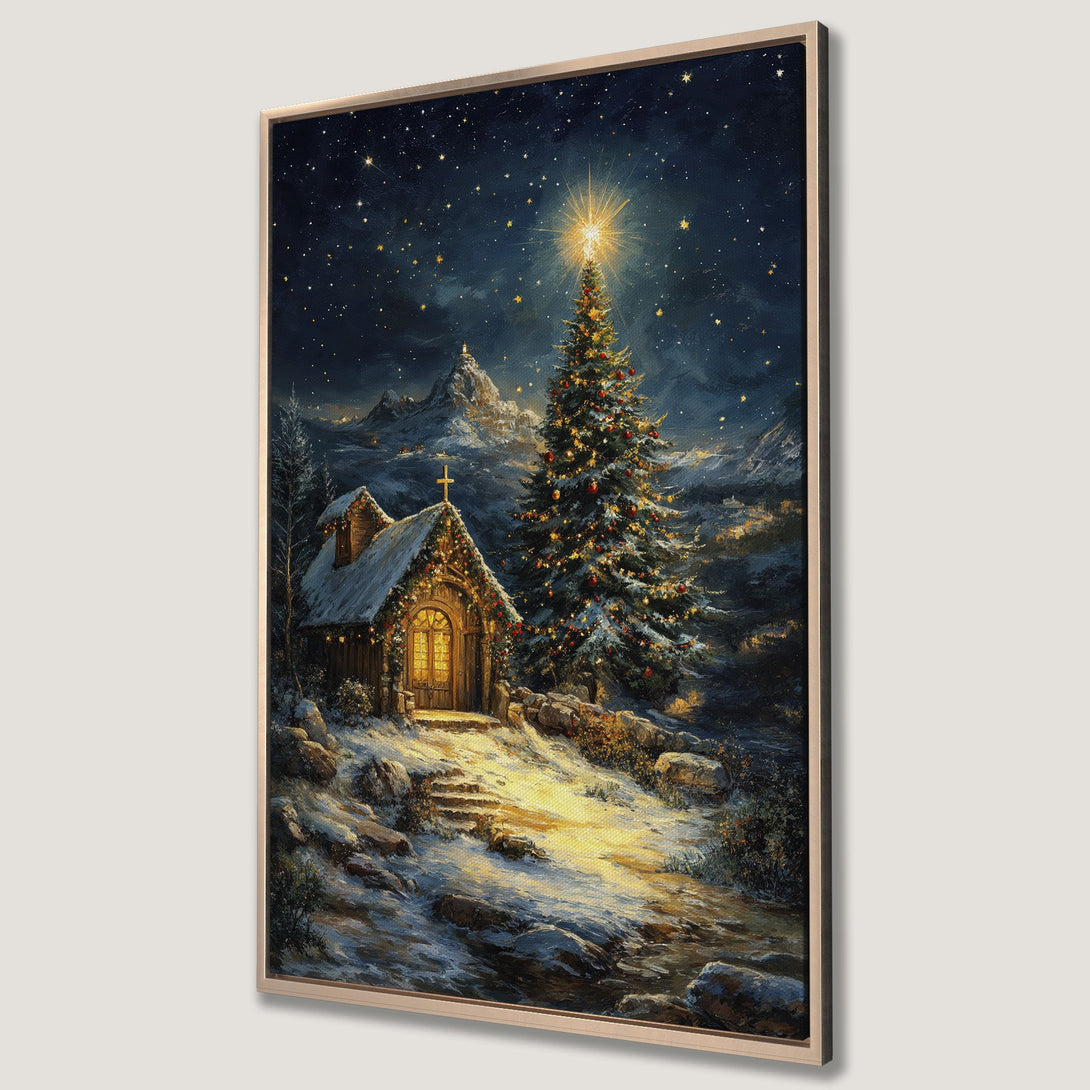 Framed Wall Art: Winter Christmas scene with church, starry night, and Christmas tree. Warm, inviting color palette. Perfect holiday decor.