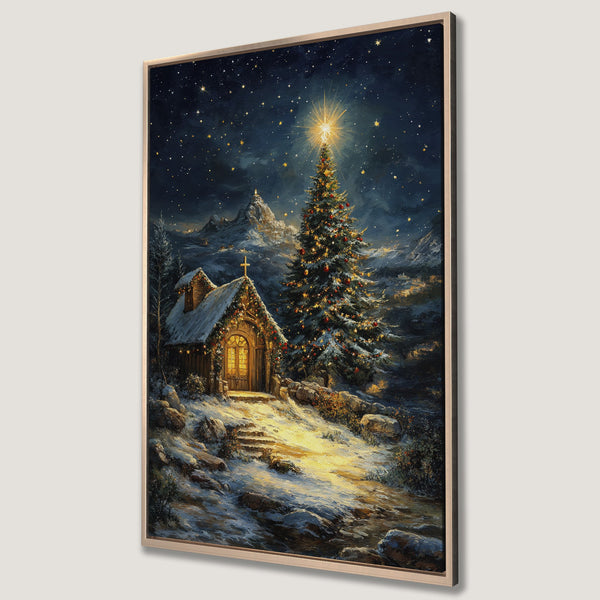 Framed Wall Art: Winter Christmas scene with church, starry night, and Christmas tree. Warm, inviting color palette. Perfect holiday decor.