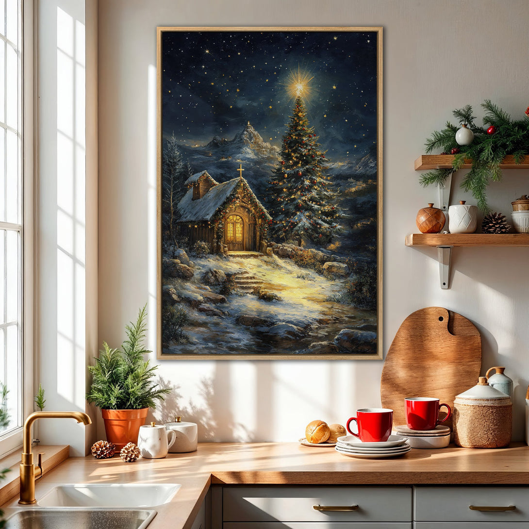 Framed Wall Art: Winter landscape canvas print with a cozy cabin, Christmas tree, and a starry night sky. Warm, inviting colors perfect for holiday decor.