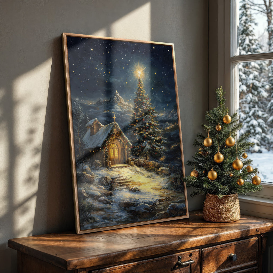 Framed Wall Art featuring a winter Christmas scene with a church and starry night, in a warm, inviting color palette. Perfect holiday decor!