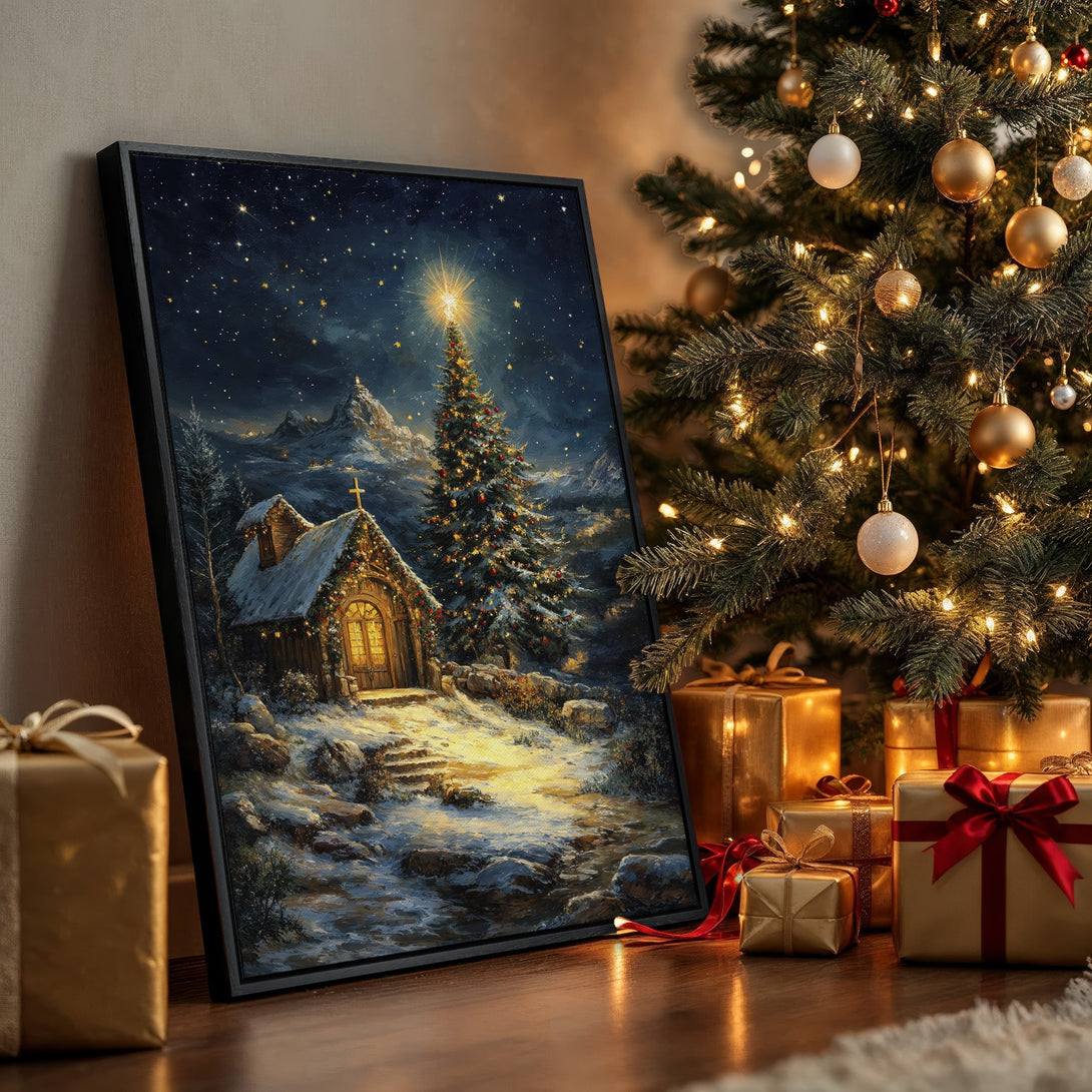 Framed Wall Art: Winter landscape Canvas Print with a cozy cabin, starry night, and warm gold and blue tones, perfect for holiday decor.
