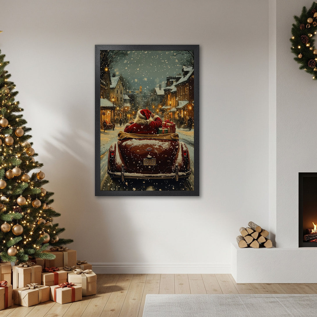 Framed Poster featuring Santa in a vintage car, snowy scene, warm color palette, perfect Christmas decor.