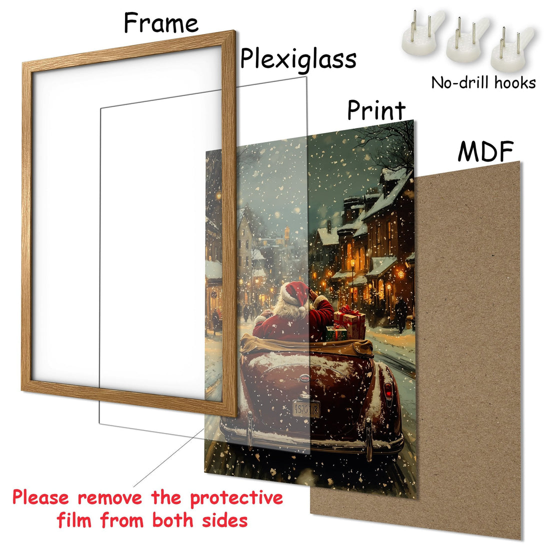 Framed Poster featuring Santa in a vintage car, snowy scene. Warm, inviting colors perfect for holiday decor.
