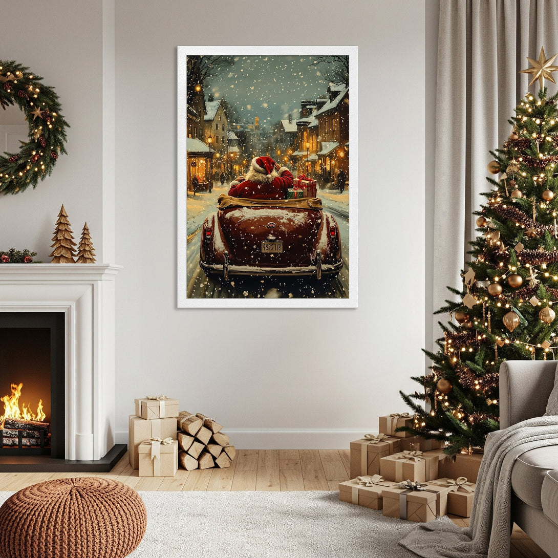 Framed Poster of Santa in a car, vintage style, warm color palette, perfect for Christmas decor.
