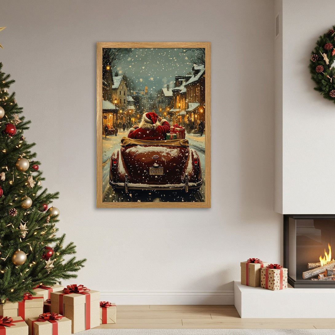 Framed Poster of Santa in a vintage car, snowy Christmas scene. Warm, inviting color palette. Perfect holiday decor!