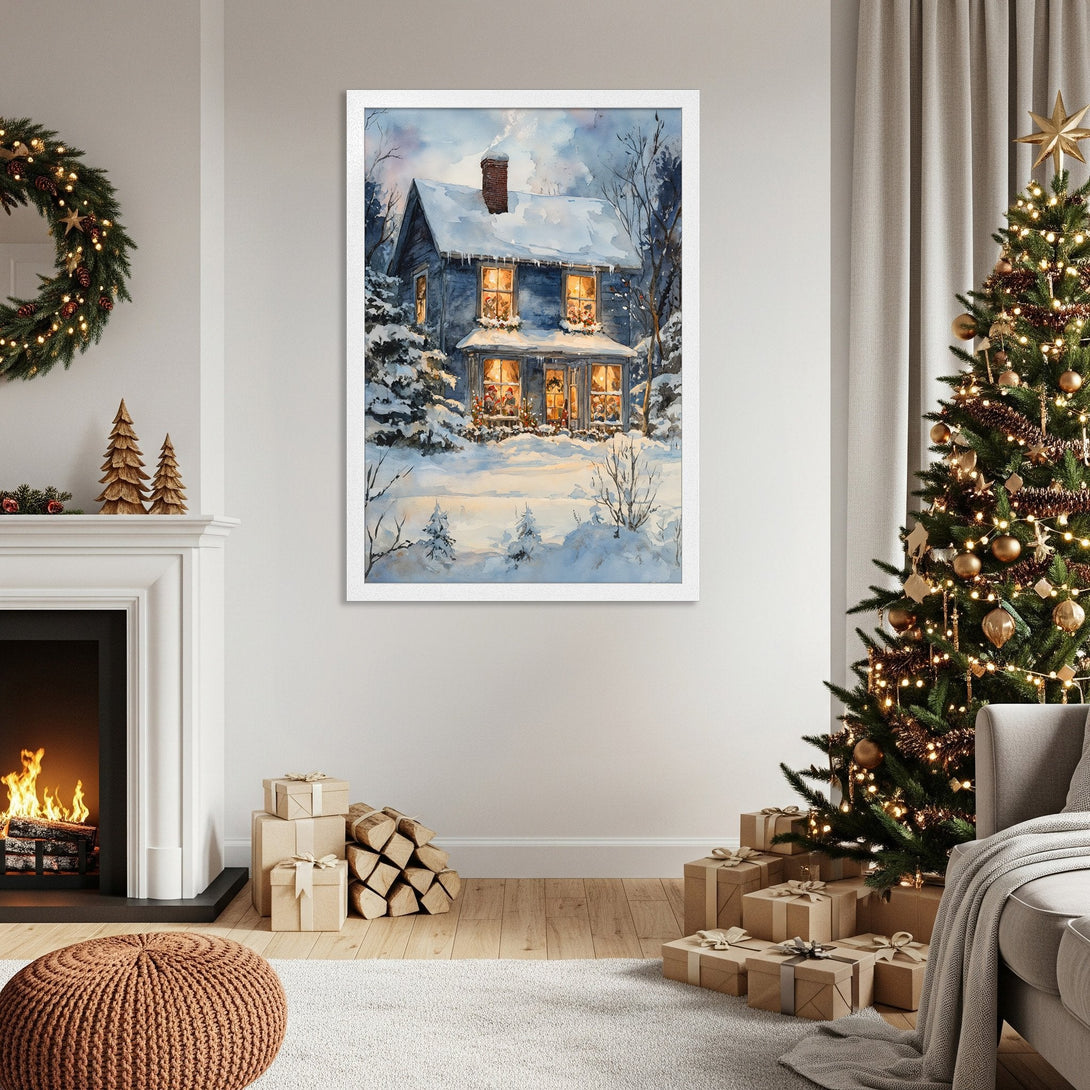 Framed Poster of a cozy winter scene in watercolor style. Features a snow-covered house with warm lights, in a blue and white color palette. Perfect holiday decor.