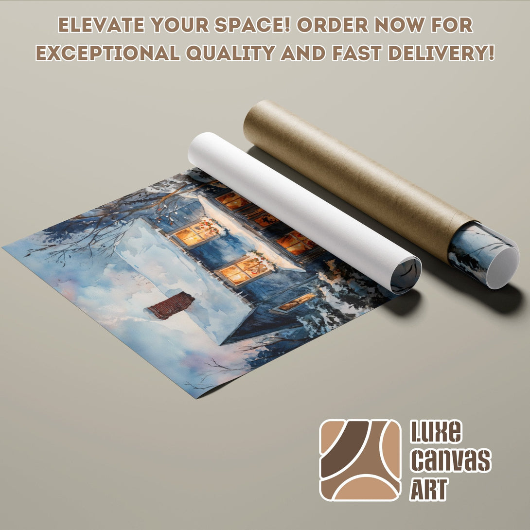 Poster Roll of a winter house watercolor painting, blue and warm tones. Elevate your space!