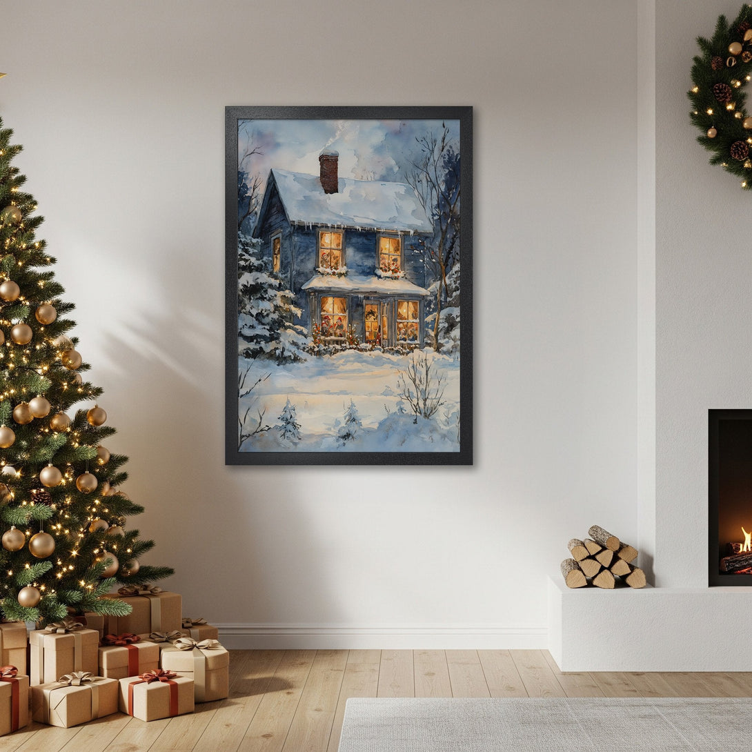 Framed Poster featuring watercolor winter home scene, blue & white palette, perfect Christmas decor.