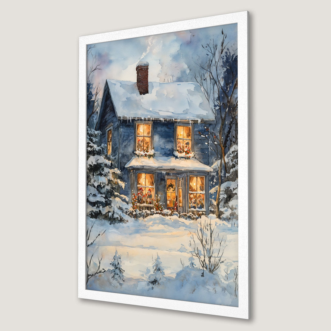 Framed Poster of watercolor winter scene with a cozy house, blue and white color palette, perfect for holiday decor.
