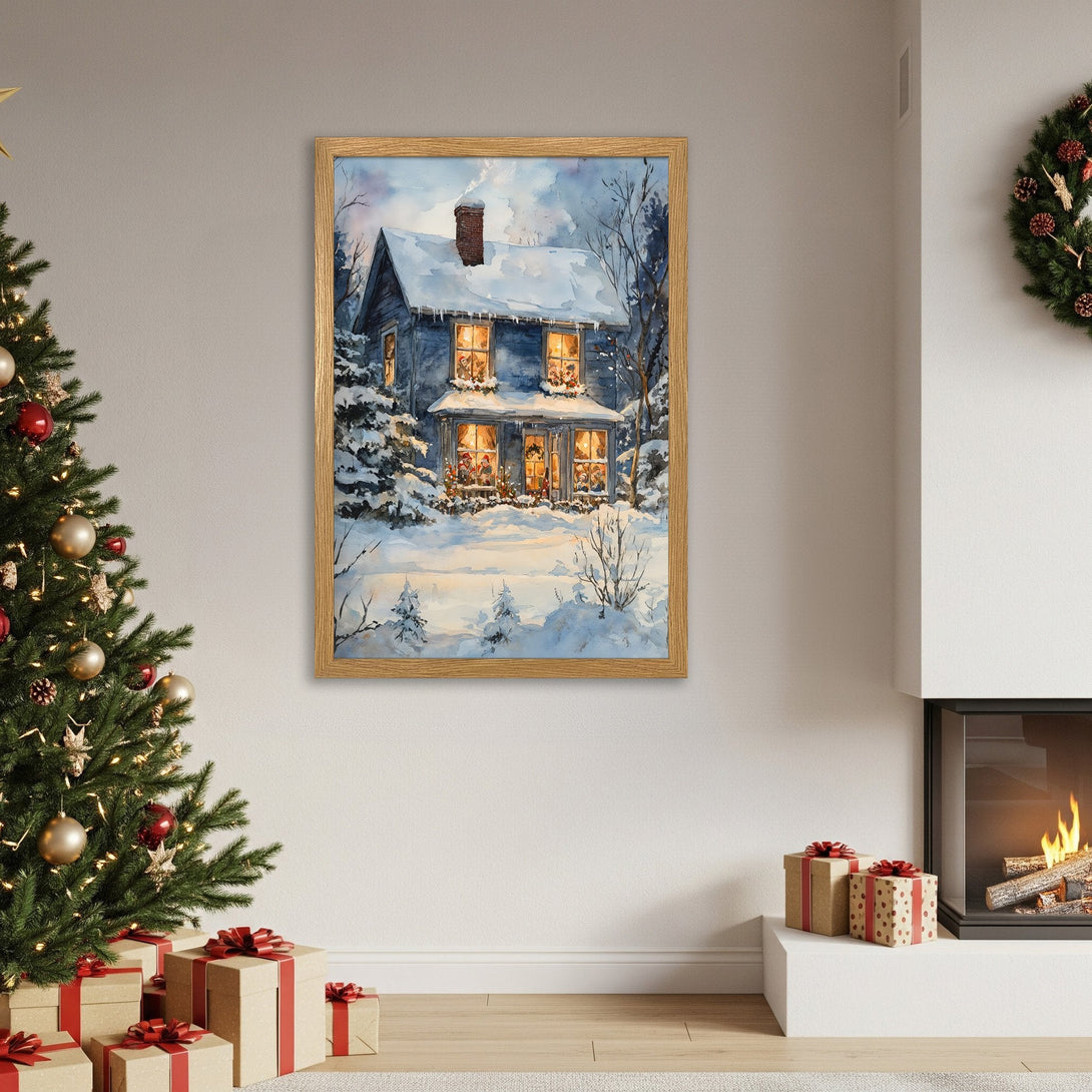 Framed Poster of a cozy winter home scene in watercolor style. Blue and white color palette, perfect for Christmas decor.