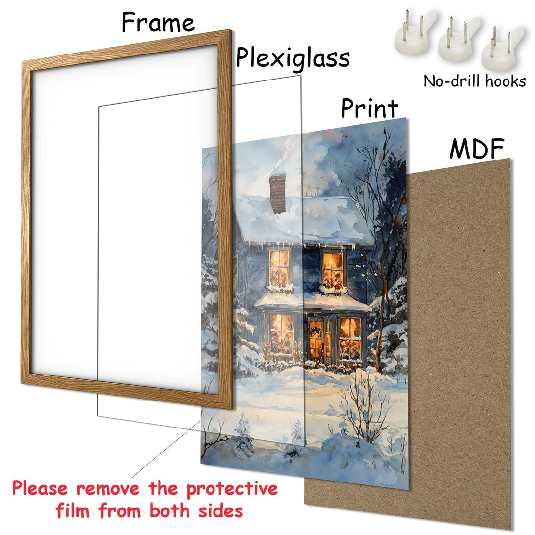 Framed Poster featuring a winter watercolor scene of a cozy house. Soft blues, whites, and warm yellows create a serene ambiance. Perfect wall art!