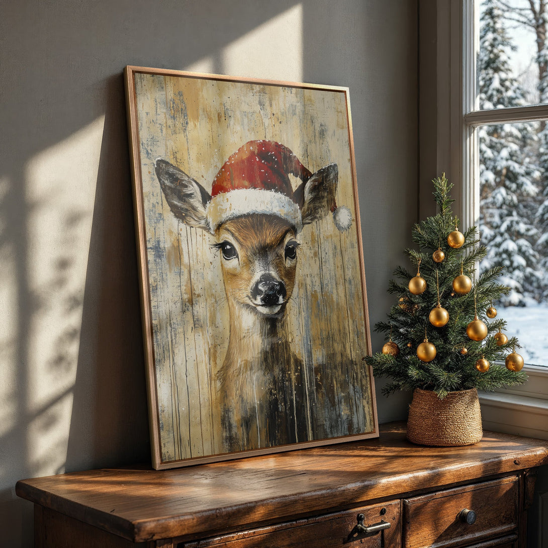 Framed Wall Art: Festive deer wearing a Santa hat, painted in a rustic style with warm, earthy tones. Perfect holiday decor for your home!