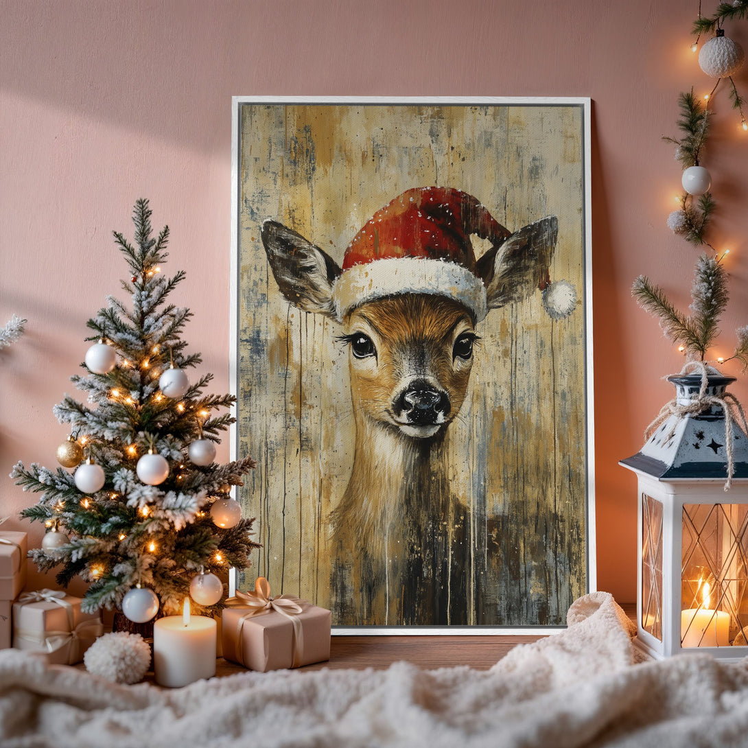 Framed Wall Art: Festive deer in Santa hat. Rustic style with warm, neutral tones and pops of red. Perfect Christmas decor for a cozy, inviting space.