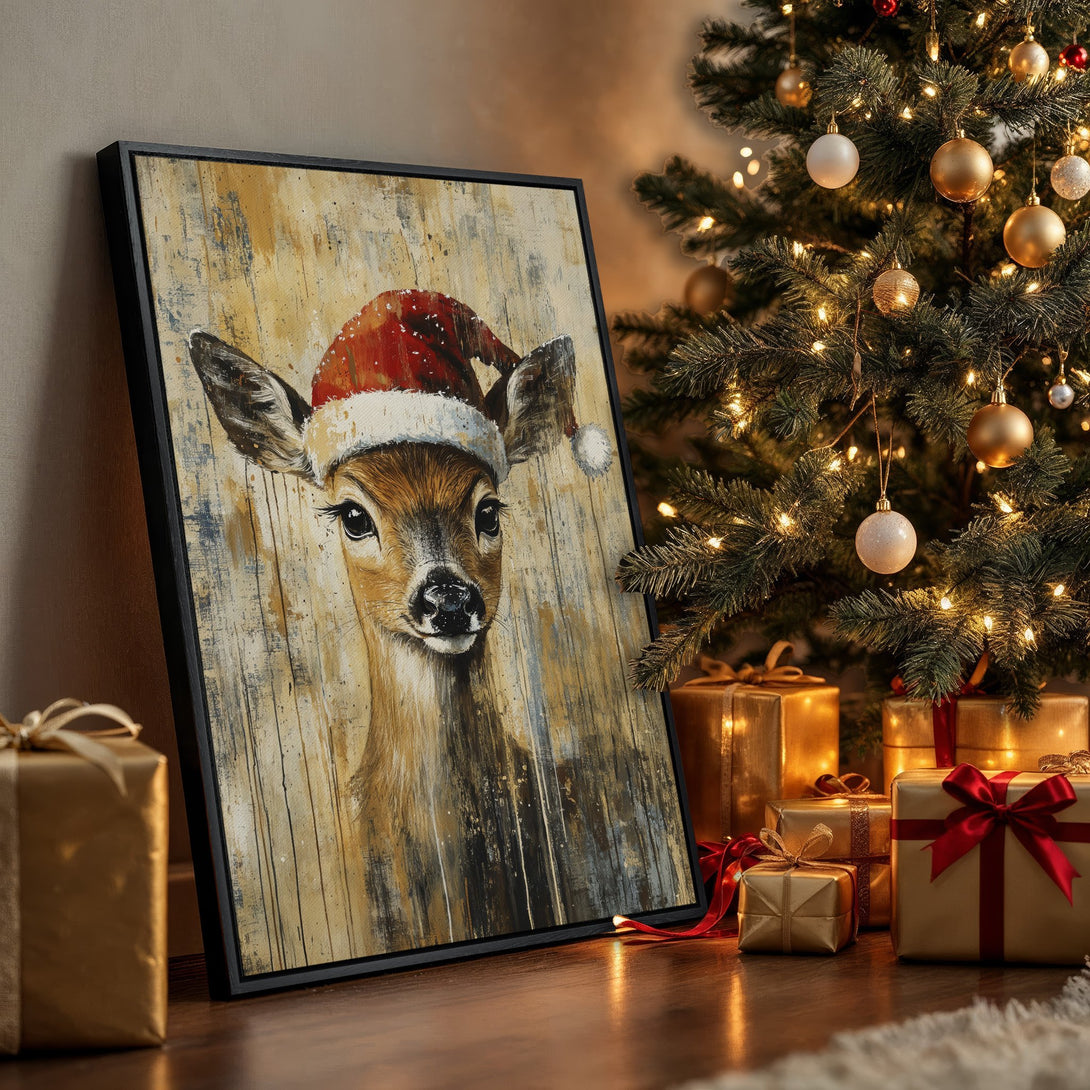 Framed Wall Art: Festive deer in a Santa hat, rustic style, warm gold, brown, and red palette. Perfect Christmas decor!