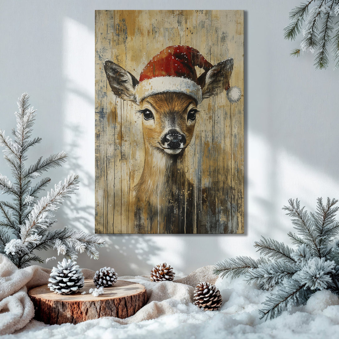 Framed Wall Art: Festive deer in Santa hat, rustic style, warm neutral palette. Perfect Christmas decor.