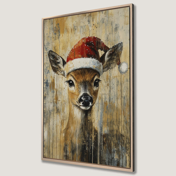 Framed Wall Art featuring a charming deer wearing a Santa hat. Rustic style with warm, earthy tones and a touch of Christmas cheer. Perfect holiday decor!