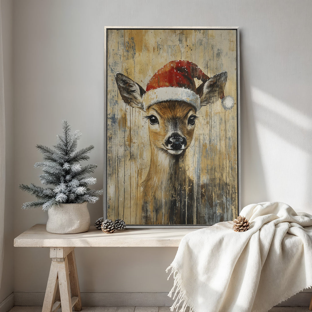 Framed Wall Art: Festive deer in Santa hat. Rustic style, warm neutral & red palette. Perfect Christmas decor, Canvas Print for cozy interiors.