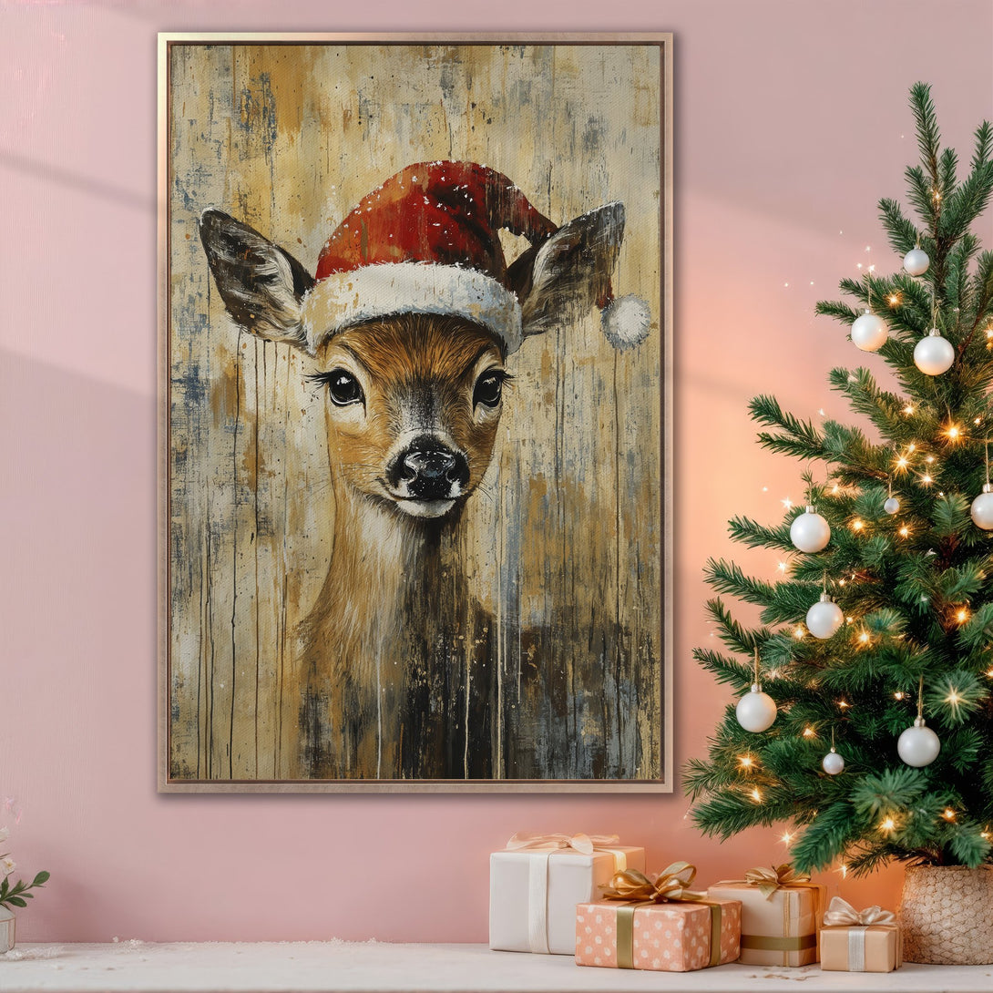 Framed Wall Art: Festive deer in Santa hat. Rustic, painterly style with warm brown and red tones. Perfect Christmas decor for a cozy, inviting space.