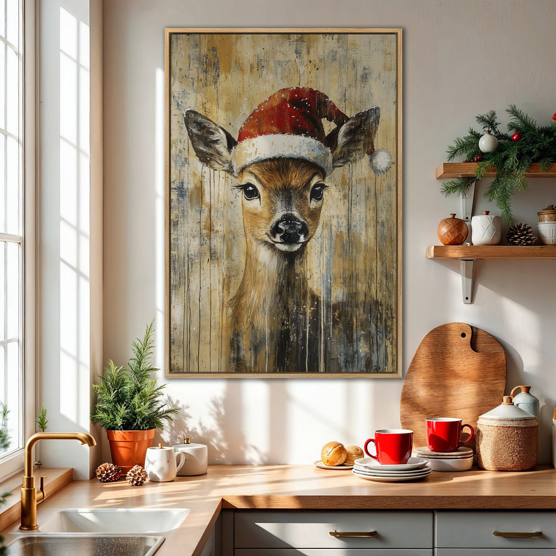 Framed Wall Art: Whimsical deer in Santa hat, rustic style, warm neutral & red palette. Perfect Christmas decor for your kitchen or living room.