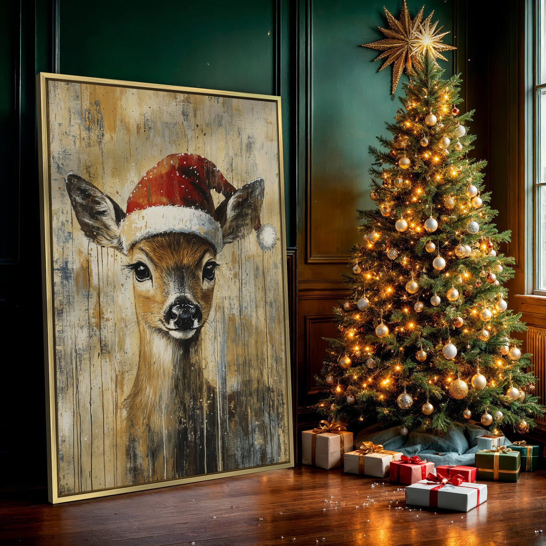 Canvas Print of a festive deer wearing a Santa hat, rustic style, warm brown and red tones, perfect Christmas wall art.