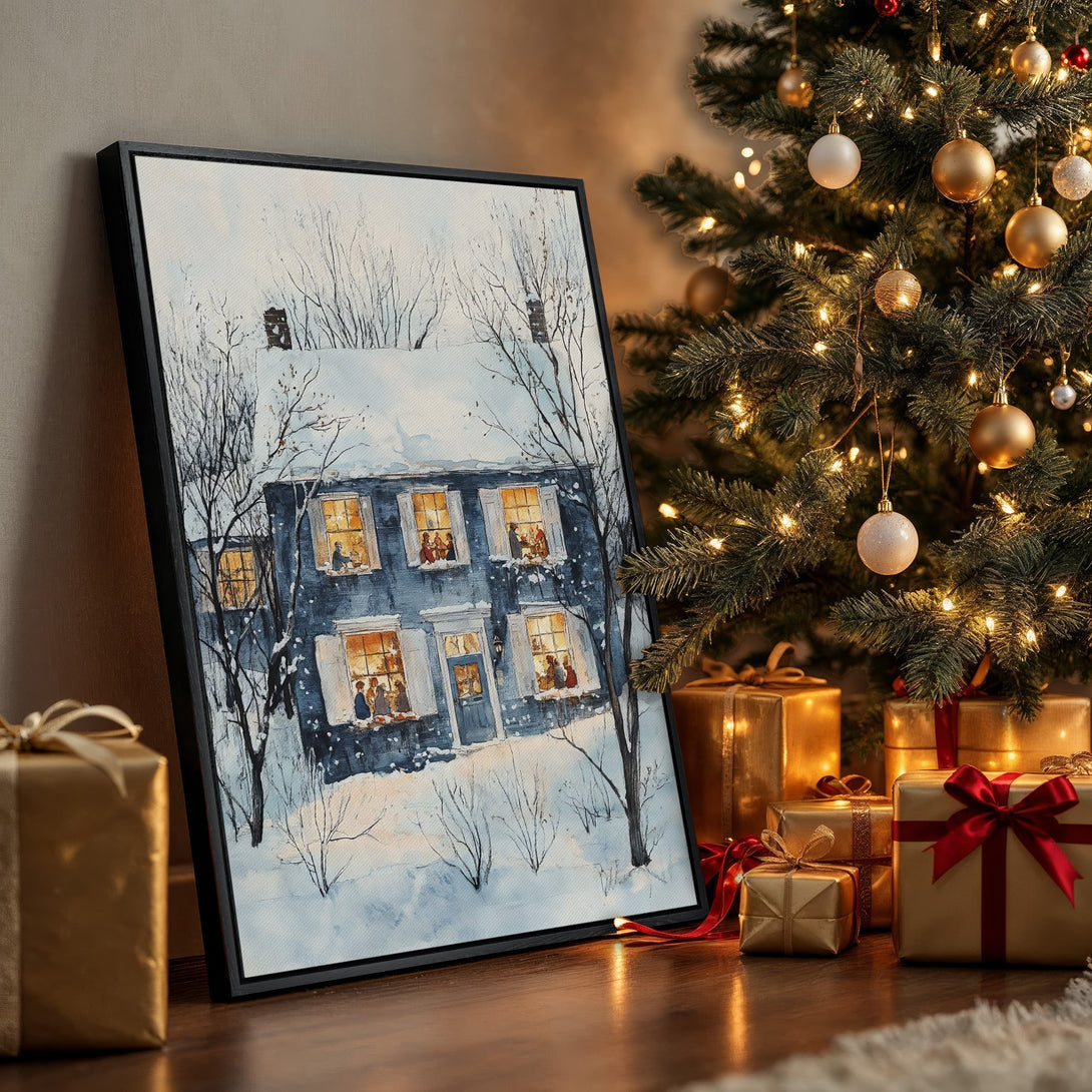 Framed Wall Art of a winter scene with a cozy house, painted in a watercolor style with a blue and white color palette, perfect for holiday decor.