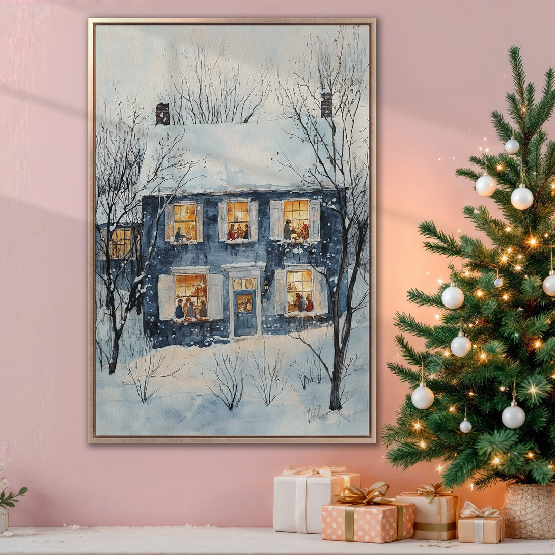 Framed Wall Art: Winter scene Canvas Print with a cozy blue house in a snowy landscape. Warm, inviting artwork with a soft watercolor style and cool blue/warm yellow color palette.