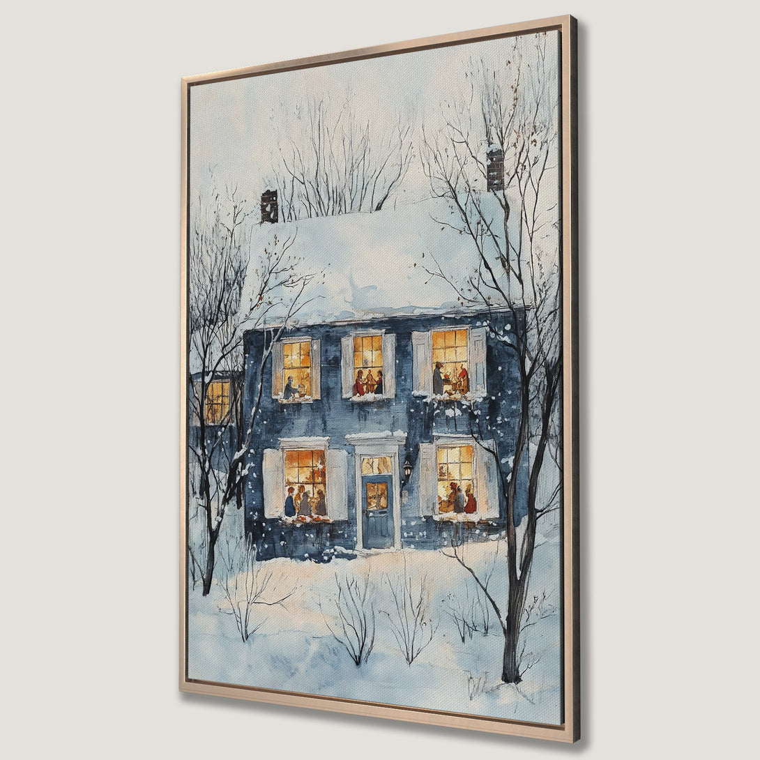 Framed Wall Art of a cozy winter scene with a blue house, snow, and warm interior light. Watercolor style, cool blue and warm yellow palette.