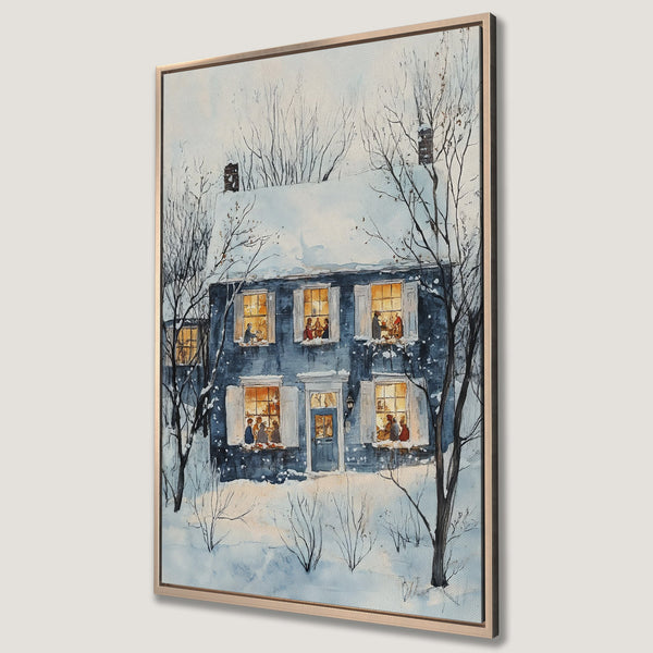 Framed Wall Art of a cozy winter scene with a blue house, snow, and warm interior light. Watercolor style, cool blue and warm yellow palette.