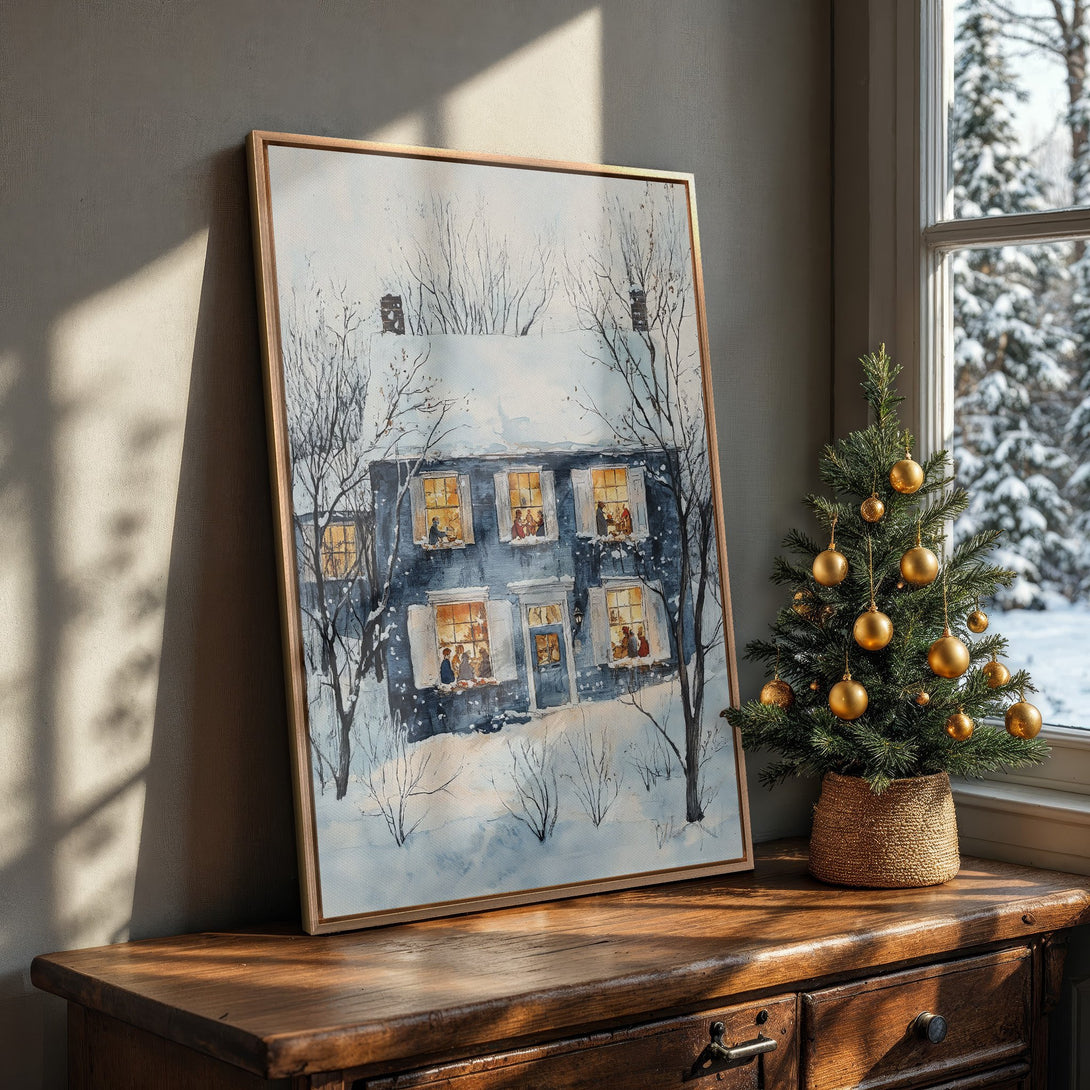 Framed Wall Art: Winter scene Canvas Print with a cozy blue house and snowy landscape. Warm, inviting color palette perfect for holiday decor.