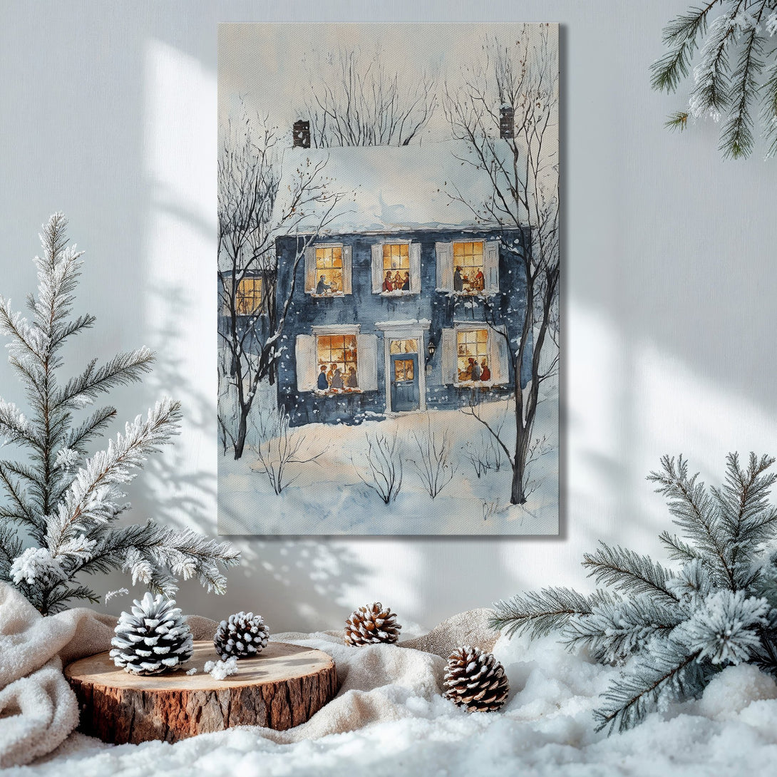 Framed Wall Art: Watercolor winter scene of a cozy blue house, snowy landscape, and warm inviting lights. Perfect for holiday decor.