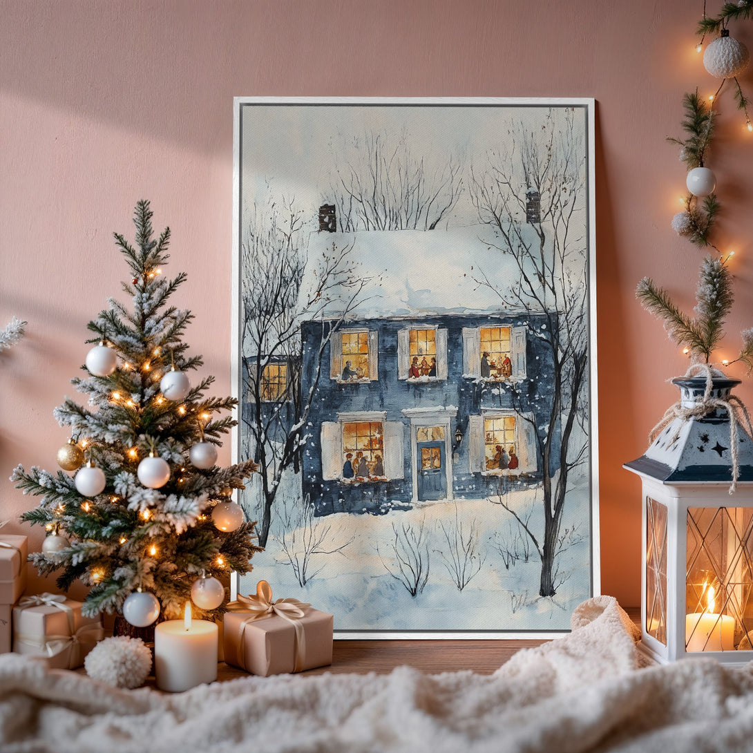 Framed Wall Art: Cozy winter scene Canvas Print with a blue house, warm inviting colors, perfect for holiday decor.