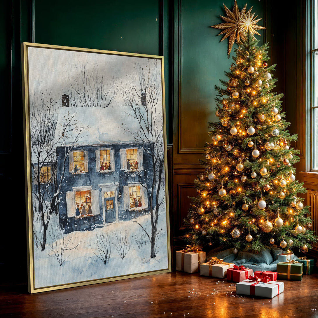 Canvas Print of a cozy winter scene with a snow-covered house, watercolor style, blue and warm tones. Perfect holiday decor!