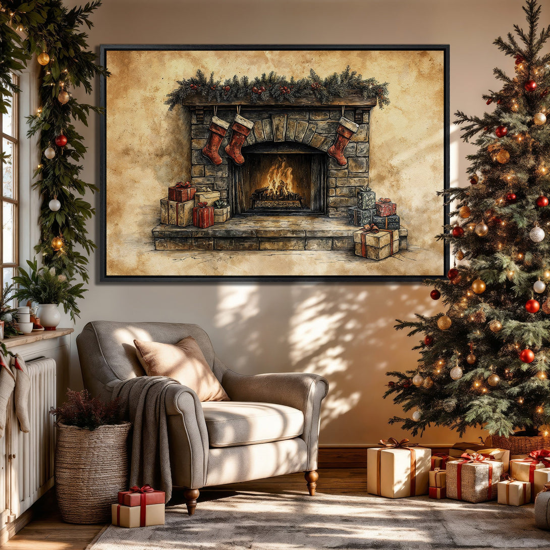 Framed Wall Art: Cozy Christmas scene with fireplace, stockings, and gifts. Warm, inviting palette of browns, reds, and greens. Perfect holiday decor!
