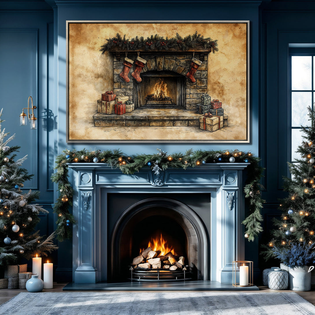 Framed Wall Art: Cozy Christmas fireplace canvas print in a blue interior. Featuring a warm, inviting color palette and festive decor. Perfect holiday home decor!