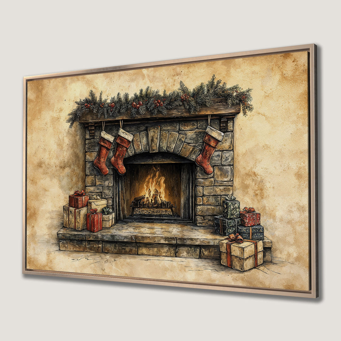 Framed Wall Art: Cozy Christmas fireplace scene with stockings and gifts, warm earth tones and watercolor style, perfect holiday decor.